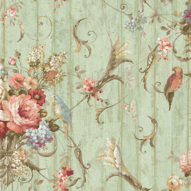Parrots with Floral Bouquets Blue Wallpaper - York Wallcoverings - HA1326 - York Wallcoverings Wallpaper