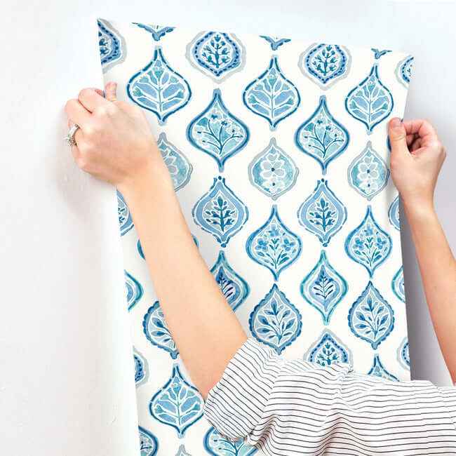 Marketplace Motif White & Blue Wallpaper - York Wallcoverings - MN1850 - York Wallcoverings Wallpaper