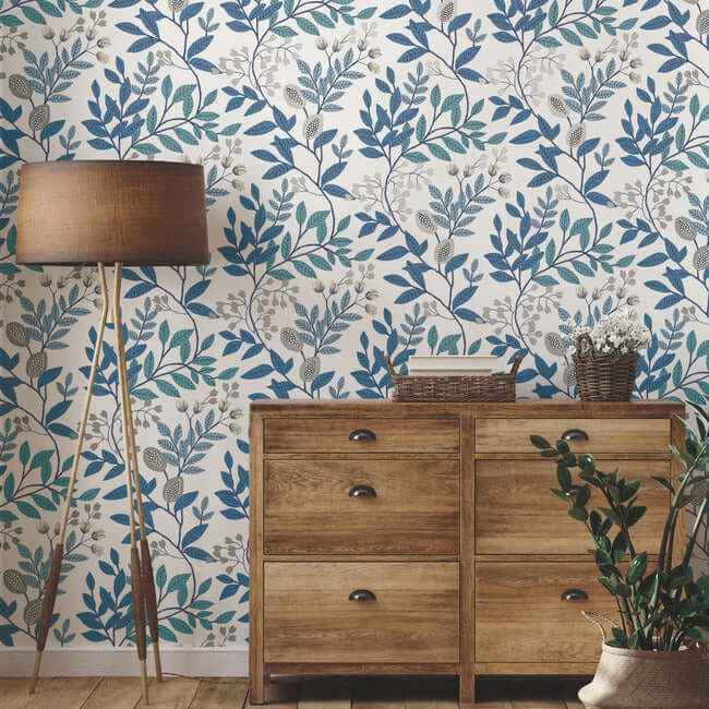 Eden Retreat White & Blue Wallpaper - York Wallcoverings - MN1842 - York Wallcoverings Wallpaper