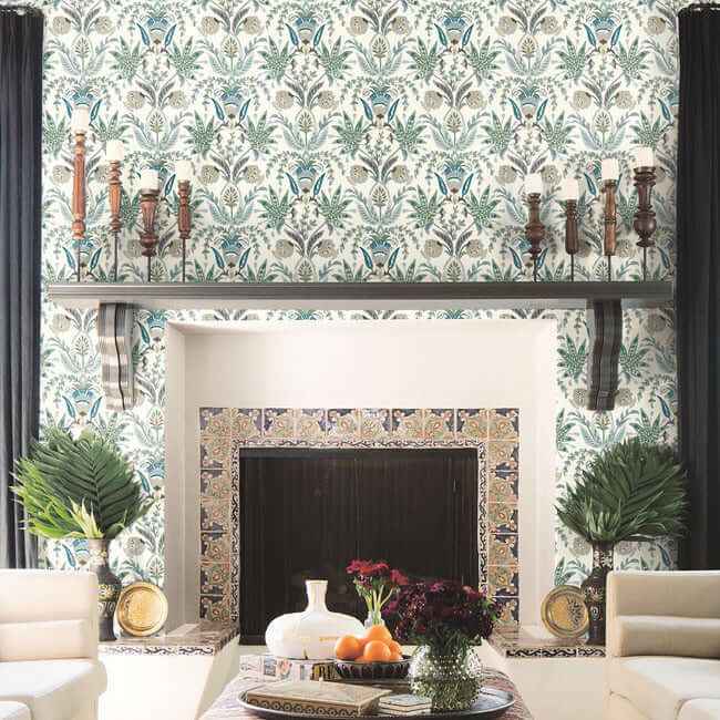 Seaside Jacobean Green & Blue Wallpaper - York Wallcoverings - MN1910