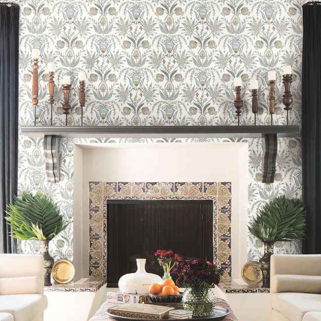 Seaside Jacobean Taupe & Blue Wallpaper - York Wallcoverings - MN1915 - York Wallcoverings Wallpaper