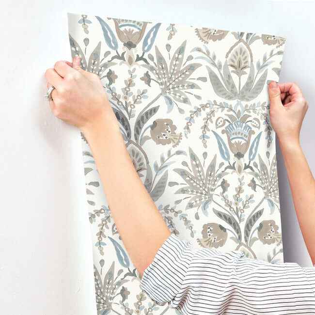 Seaside Jacobean Taupe & Blue Wallpaper - York Wallcoverings - MN1915 - York Wallcoverings Wallpaper