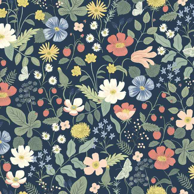 Strawberry Fields Blue & Pink Wallpaper - York Wallcoverings - RP7358 - York Wallcoverings Wallpaper