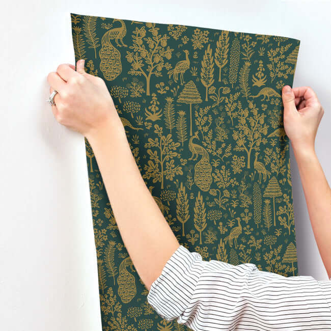 menagerie-toile-wallpaper-emerald-metallic-gold-york-wallcoverings-rp7373 - York Wallcoverings Wallpaper