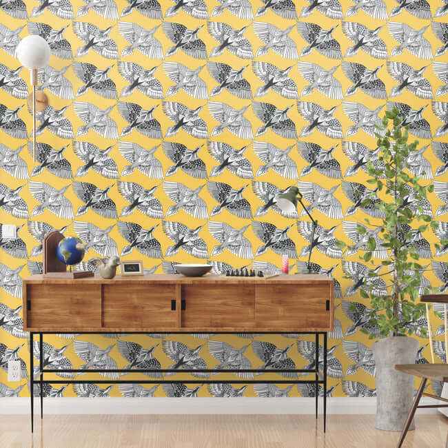 Feather Flight Yellow Peel & Stick Wallpaper - York Wallcoverings - PSW1350RL - York Wallcoverings Wallpaper