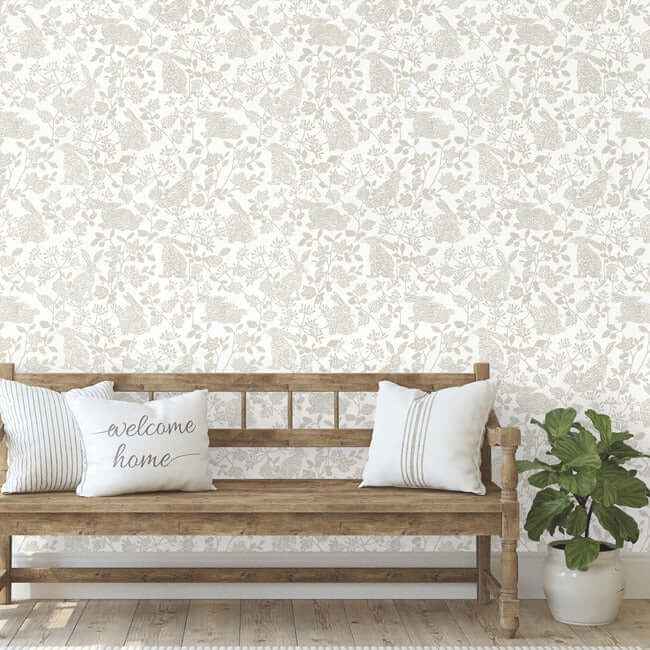 Botanical Bunnies Beige Peel & Stick Wallpaper - York Wallcoverings - PSW1344RL - York Wallcoverings Wallpaper