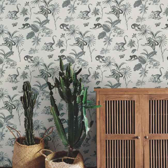 Botanicals & Lemurs Grey Peel & Stick Wallpaper - York Wallcoverings - PSW1354RL - York Wallcoverings Wallpaper