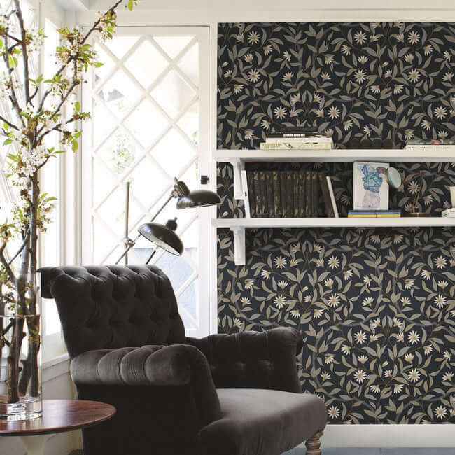 Jasmine Black Metallic Wallpaper - York Wallcoverings - GO8257