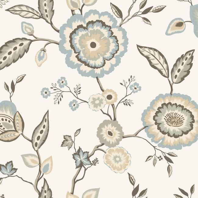 Dahlia Blooms Off White & Blue Wallpaper - York Wallcoverings - GO8234
