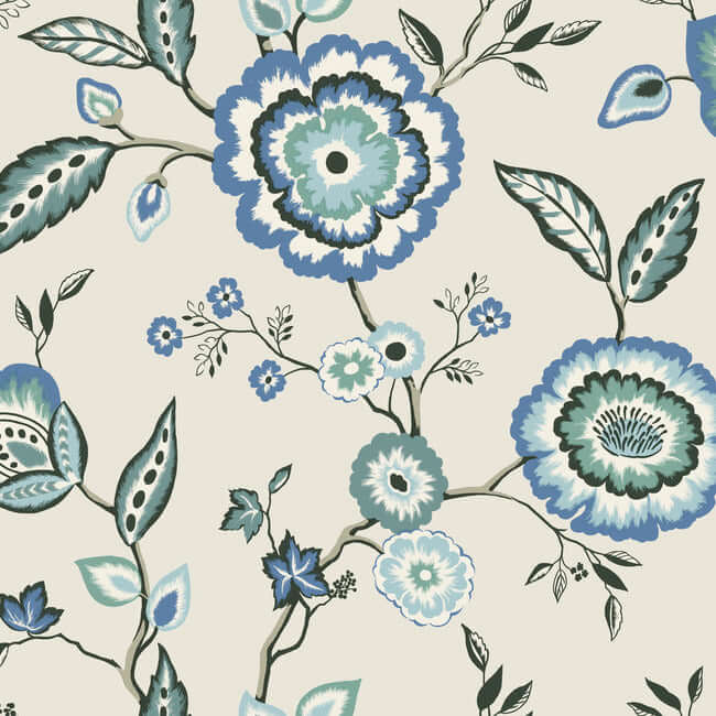 dahlia-blooms-blue-white-wallpaper-york-wallcoverings-go8231 - York Wallcoverings Wallpaper