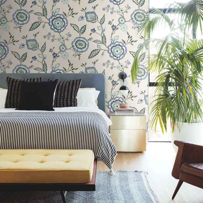 Dahlia Blooms Blue & White Wallpaper - York Wallcoverings - GO8231 - York Wallcoverings Wallpaper