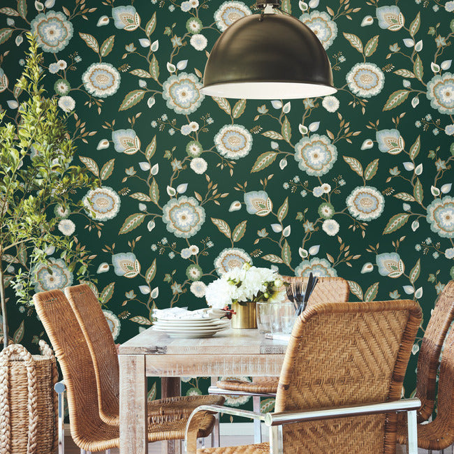 dahlia-blooms-wallpaper-forestseafoam-york-wallcoverings-go8236 - York Wallcoverings Wallpaper