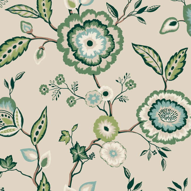 dahlia-blooms-green-beige-wallpaper-york-wallcoverings-go8233 - York Wallpaper Wallpaper
