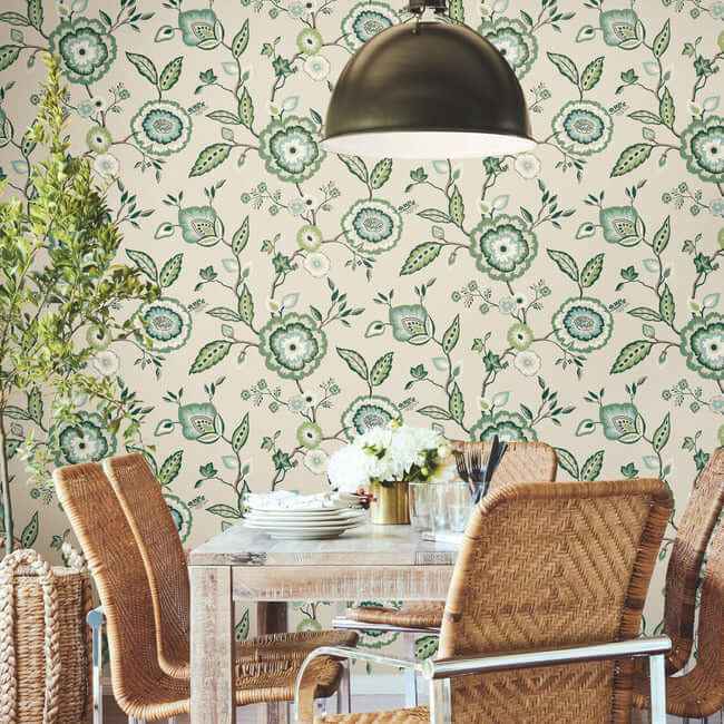 Dahlia Blooms Green & Beige Wallpaper - York Wallcoverings - GO8233