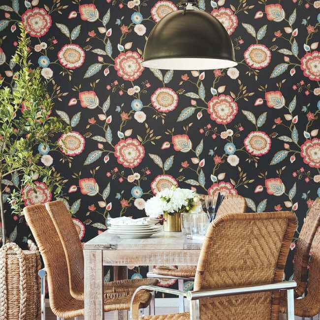 Dahlia Blooms Wallpaper Midnightmulti - York Wallcoverings - GO8232 - York Wallcoverings Wallpaper
