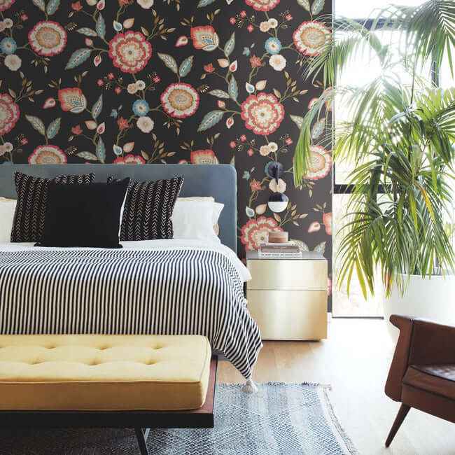 Dahlia Blooms Wallpaper Midnightmulti - York Wallcoverings - GO8232 - York Wallcoverings Wallpaper