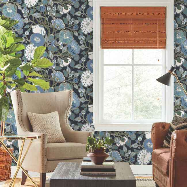 Poppies Black & Blue Metallic Wallpaper - York Wallcoverings - GO8312 - York Wallcoverings Wallpaper