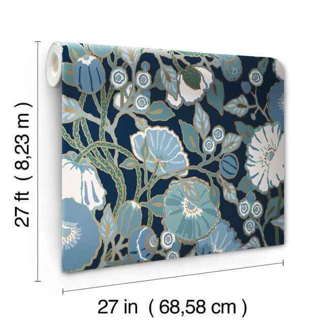 Poppies Black & Blue Metallic Wallpaper - York Wallcoverings - GO8312 - York Wallcoverings Wallpaper