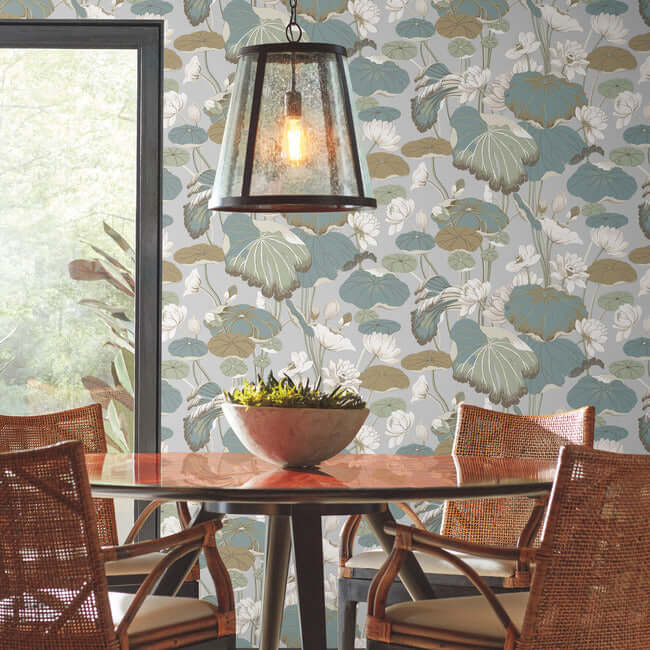 lotus-pond-grey-blue-wallpaper-york-wallcoverings-go8294 - York Wallpaper Wallpaper