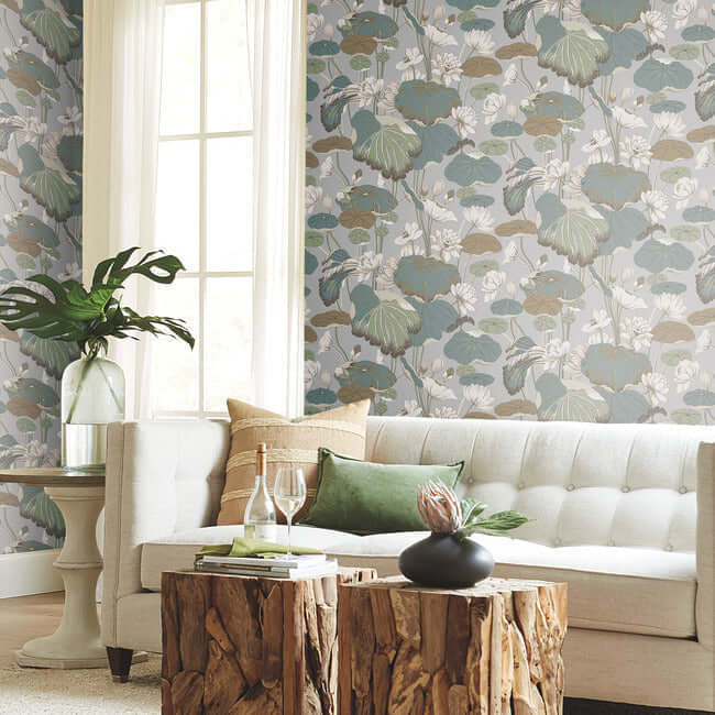 lotus-pond-grey-blue-wallpaper-york-wallcoverings-go8294 - York Wallpaper Wallpaper