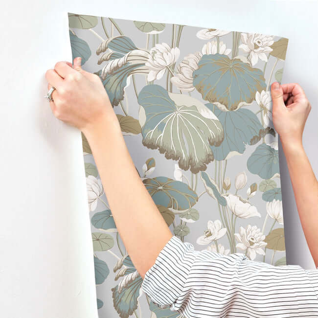 lotus-pond-grey-blue-wallpaper-york-wallcoverings-go8294 - York Wallpaper Wallpaper