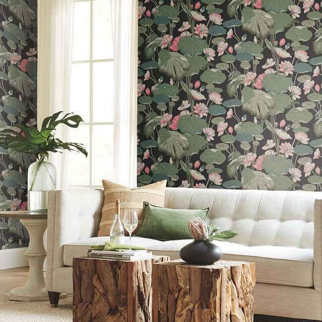 Lotus Pond Black & Pink Wallpaper - York Wallcoverings - GO8292 - York Wallcoverings Wallpaper