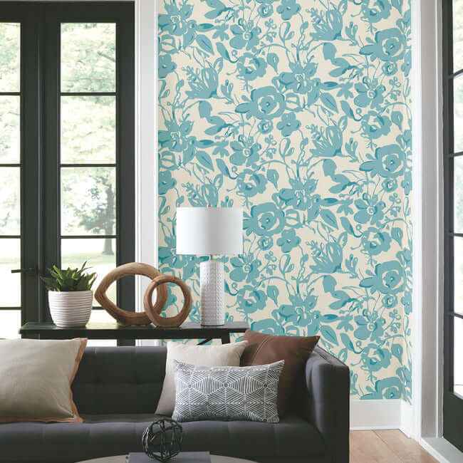 Brushstroke Floral Aqua Wallpaper - York Wallcoverings - BL1736 - York Wallcoverings Wallpaper