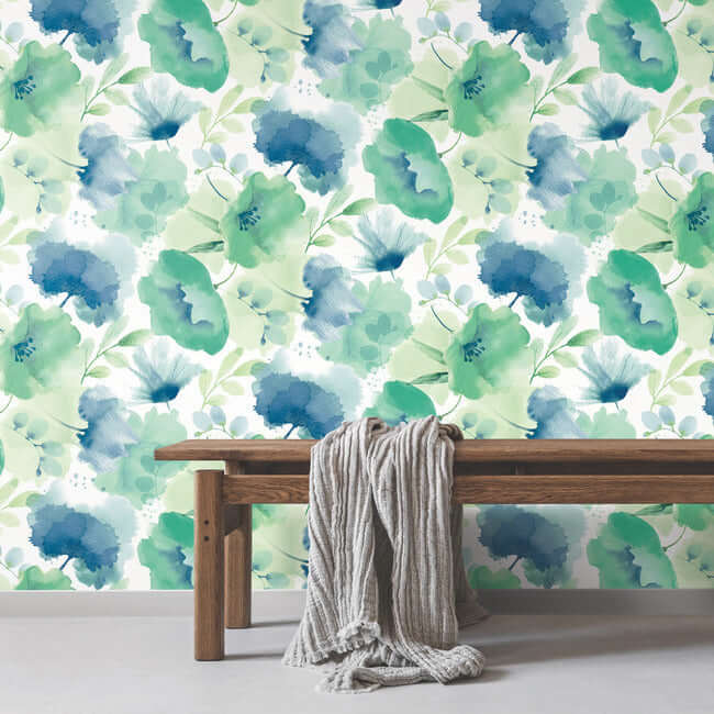 watercolor-bouquet-blue-green-wallpaper-york-wallcoverings-bl1774 - York Wallcoverings Wallpaper
