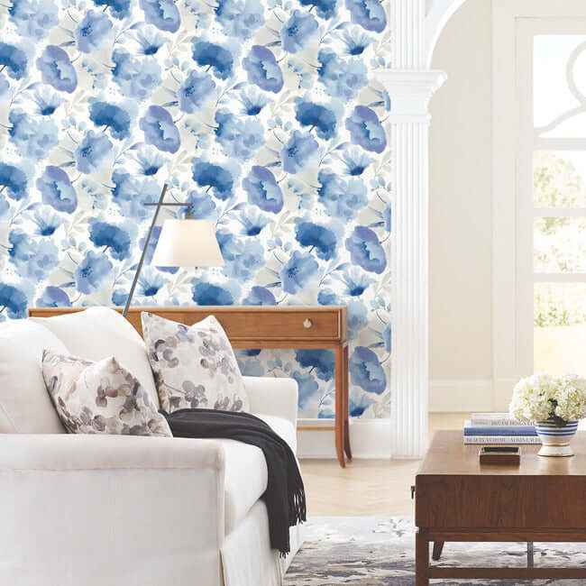 Watercolor Bouquet Cobalt Wallpaper - York Wallcoverings - BL1773 - York Wallcoverings Wallpaper