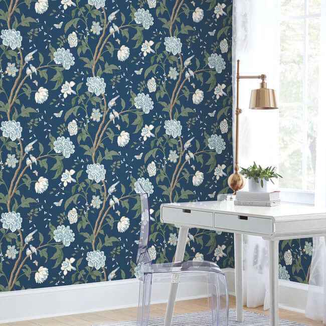 Teahouse Floral Navy Wallpaper - York Wallcoverings - BL1782