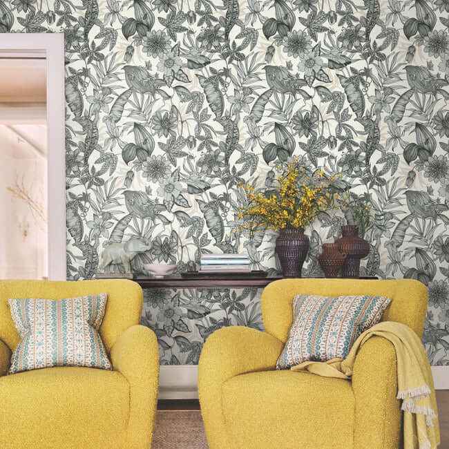 Rainforest White & Charcoal Wallpaper - York Wallcoverings - BL1703 - York Wallcoverings Wallpaper