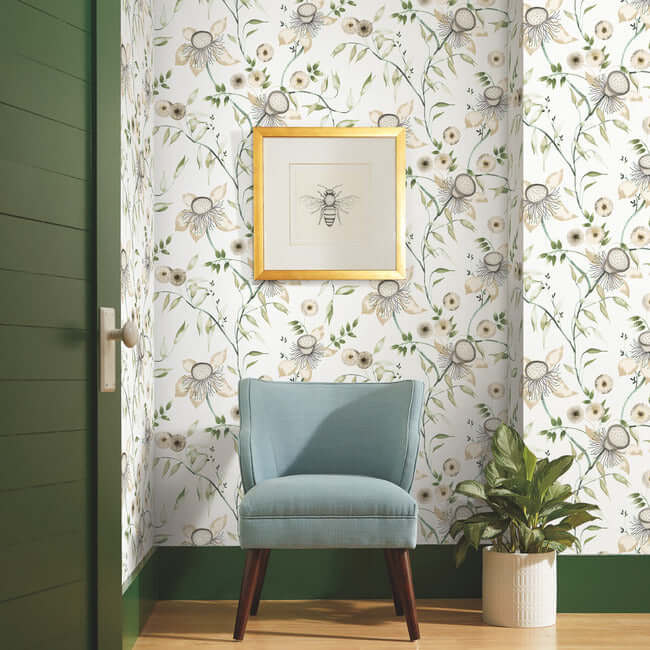 dream-blossom-white-green-wallpaper-york-wallcoverings-bl1793 - York Wallpaper Wallpaper
