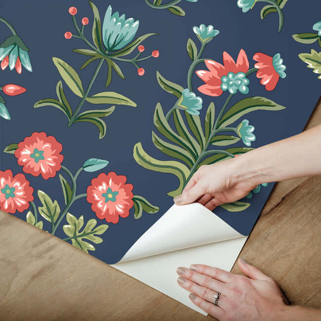 heirloom-floral-premium-peel-stick-wallpaper-navy-york-wallcoverings-psw1516rl - York Wallcoverings Wallpaper