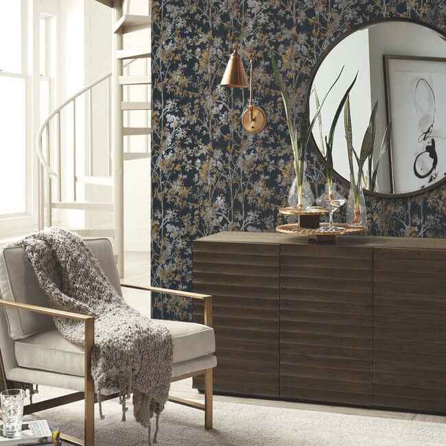 Shimmering Foliage Black Wallpaper - York Wallcoverings - NW3580