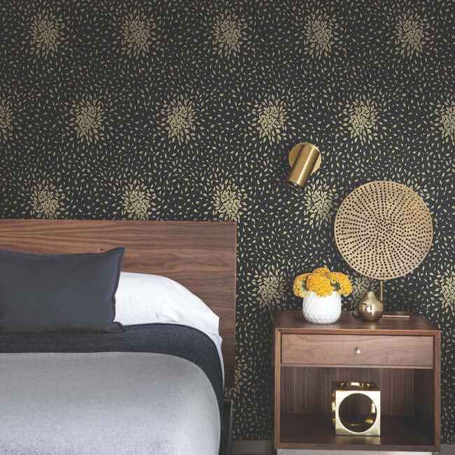Petite Leaves Black & Gold Wallpaper - York Wallcoverings - MD7102