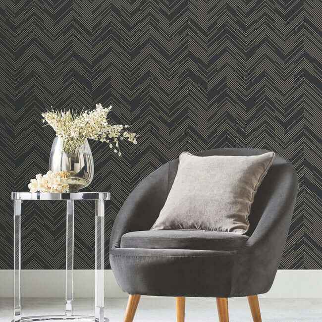 Polished Chevron Black & Gold Wallpaper - York Wallcoverings - MD7221