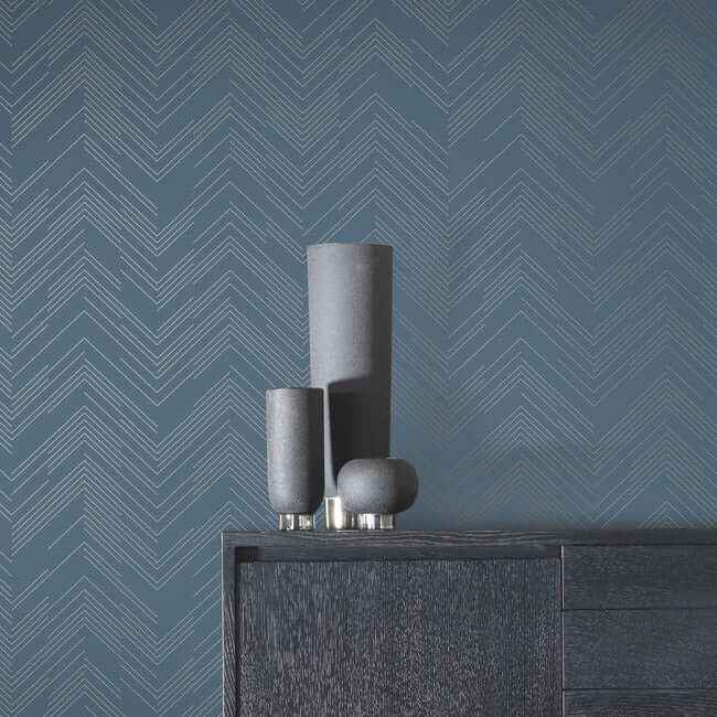 Polished Chevron Blue & Silver Wallpaper - York Wallcoverings - MD7224