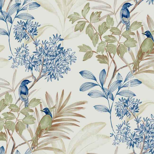 Handpainted Songbird Green & Blue Peel & Stick Wallpaper - York Wallcoverings - PSW1518RL - York Wallcoverings Wallpaper