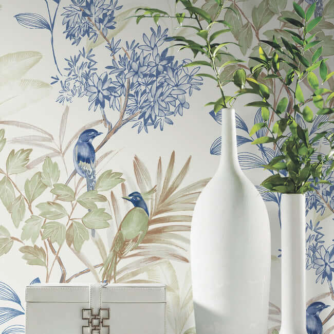handpainted-songbird-green-blue-peel-stick-wallpaper-york-wallcoverings-psw1518rl - York Wallpaper Wallpaper