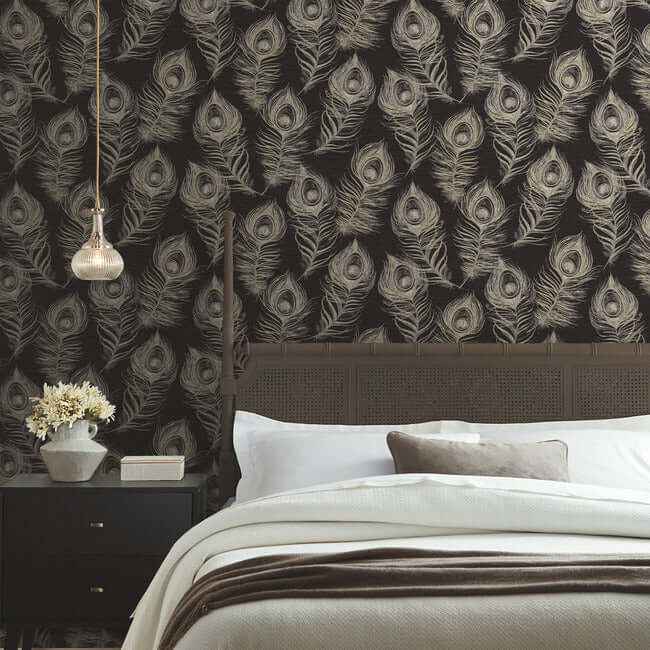 Regal Peacock Black Wallpaper - York Wallcoverings - EV3942 - York Wallcoverings Wallpaper