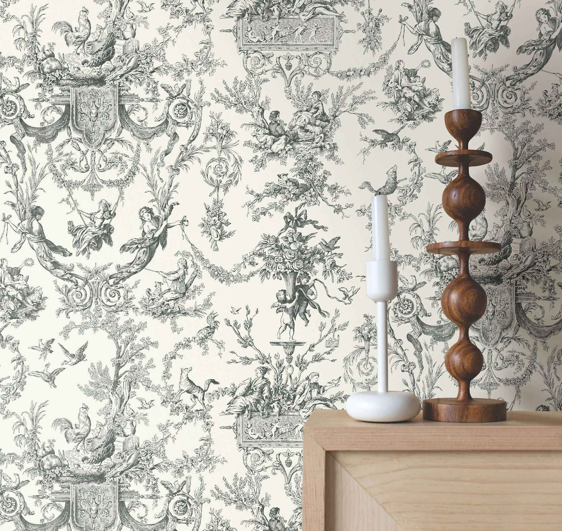Old World Toile Black & White Wallpaper - York Wallcoverings - AT4237 - York Wallcoverings Wallpaper