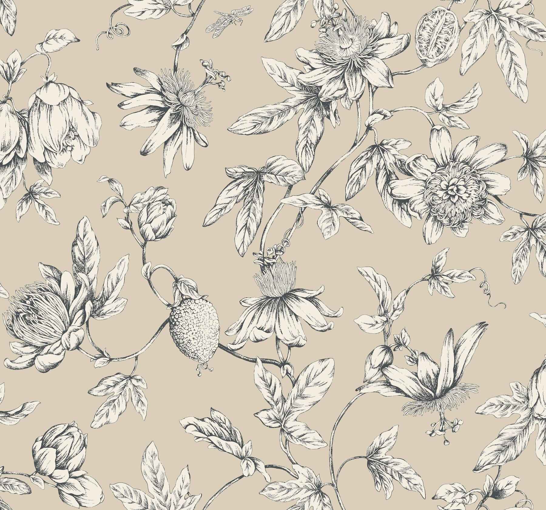 Passion Flower Toile Beige Wallpaper - York Wallcoverings - RT7854
