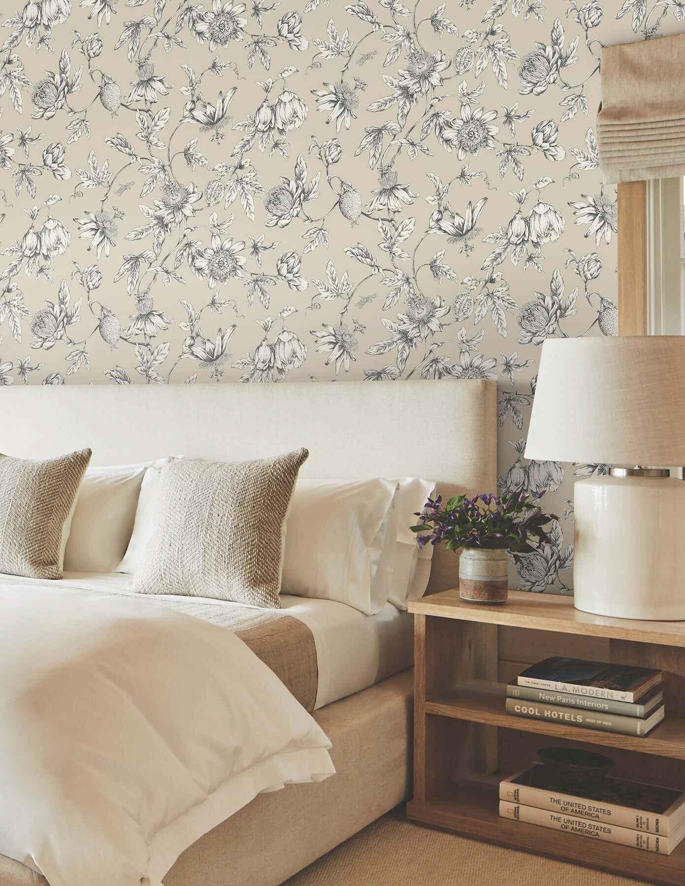 Passion Flower Toile Beige Wallpaper - York Wallcoverings - RT7854 - York Wallcoverings Wallpaper