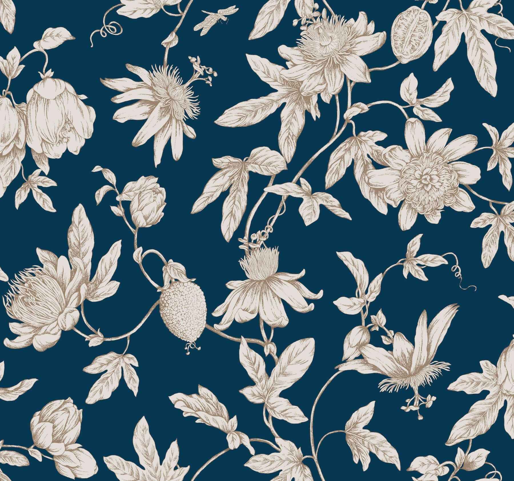 Passion Flower Toile Navy Wallpaper - York Wallcoverings - RT7856 - York Wallcoverings Wallpaper