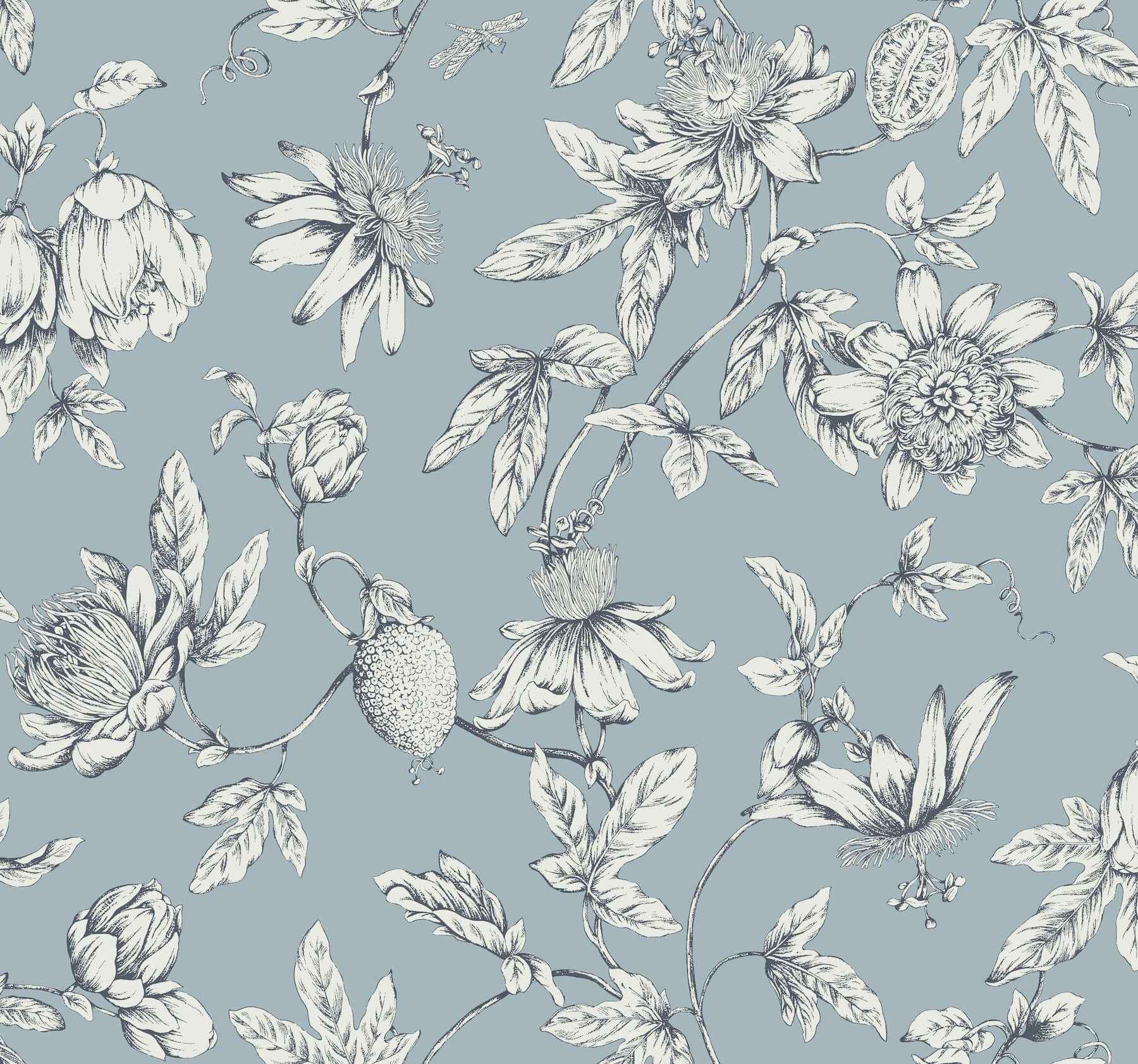 Passion Flower Toile Sky Blue Wallpaper - York Wallcoverings - RT7853