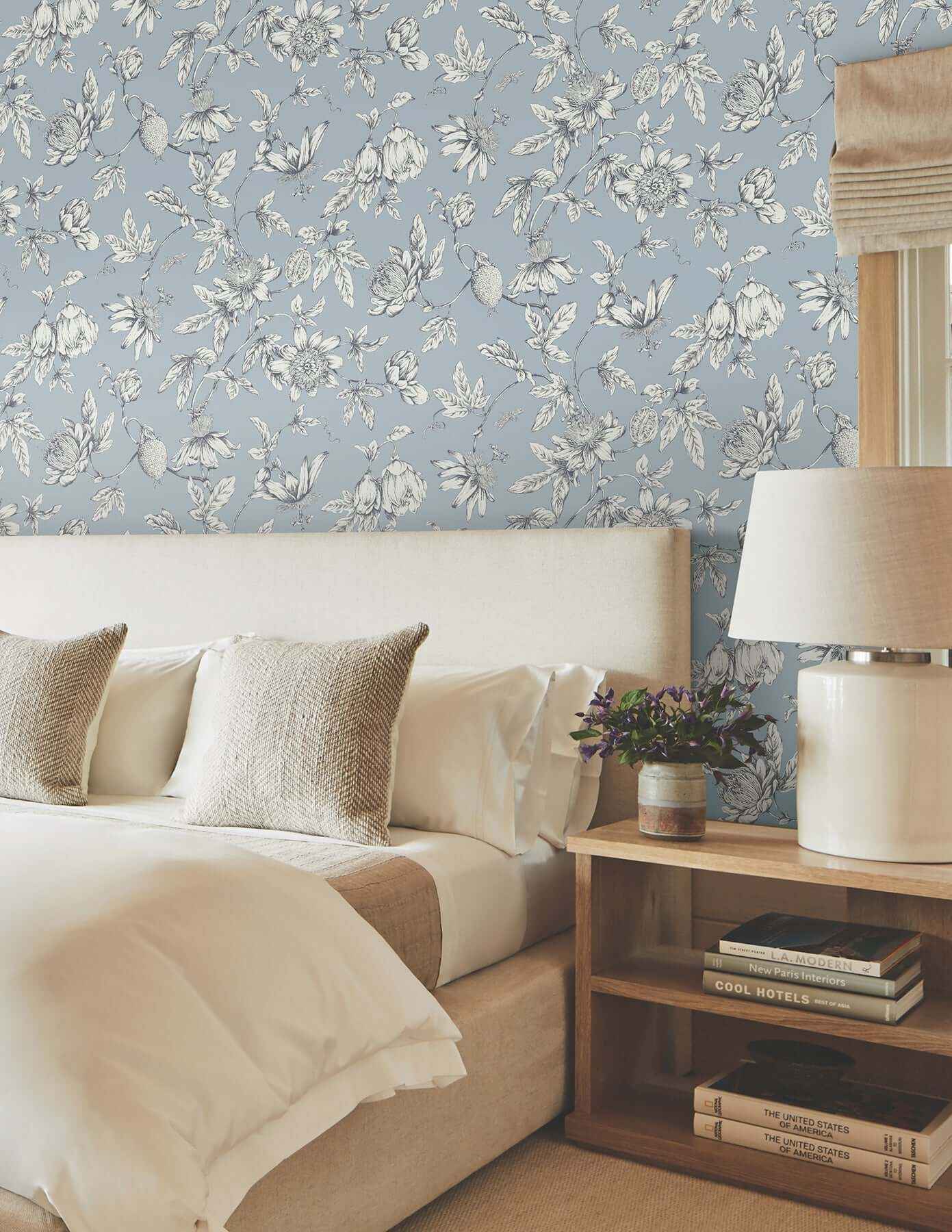 Passion Flower Toile Sky Blue Wallpaper - York Wallcoverings - RT7853 - York Wallcoverings Wallpaper