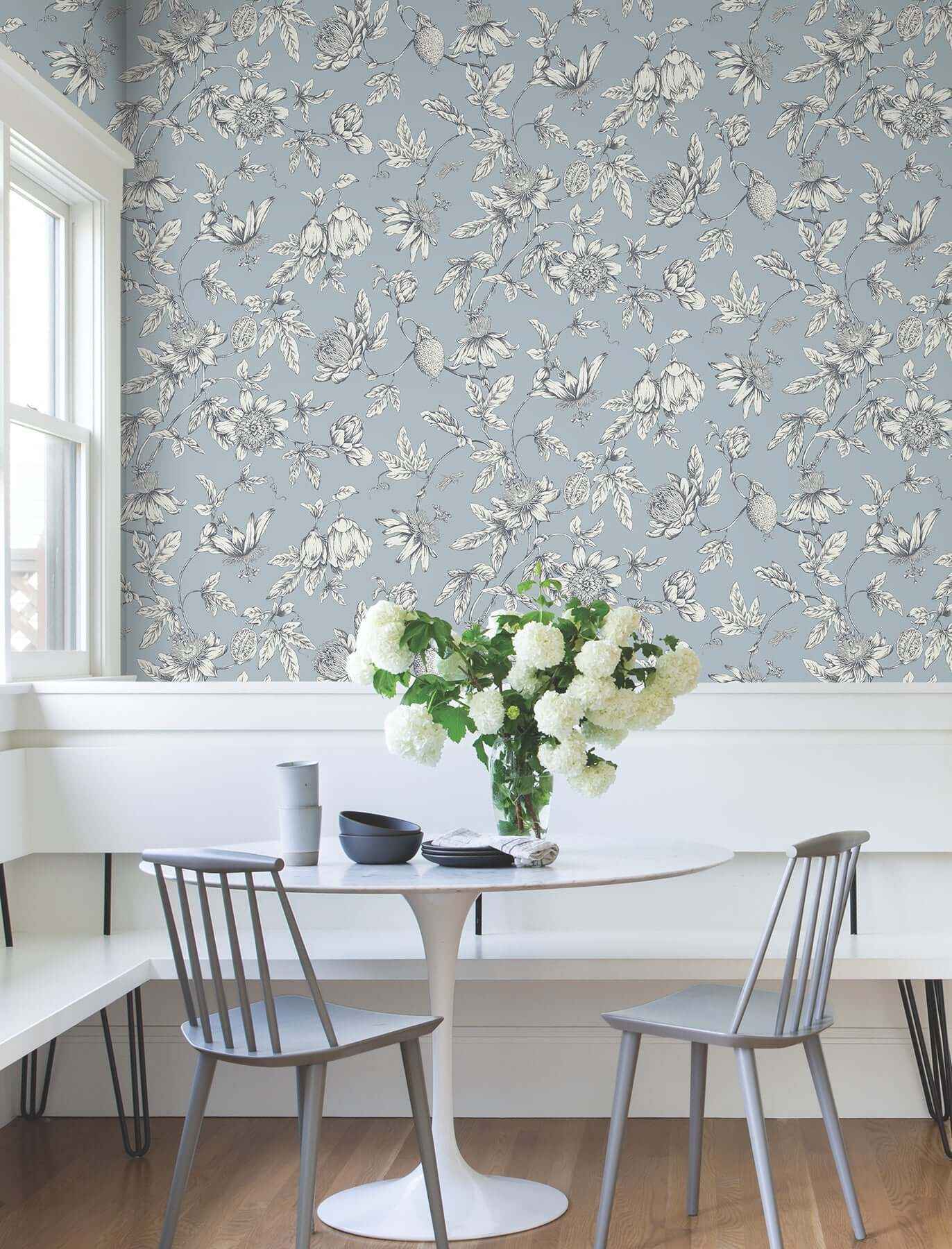 Passion Flower Toile Sky Blue Wallpaper - York Wallcoverings - RT7853 - York Wallcoverings Wallpaper