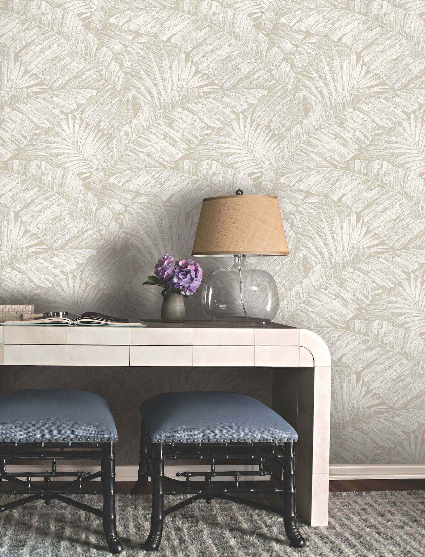 Palm Cove Toile White & Taupe Wallpaper - York Wallcoverings - RT7926 - York Wallcoverings Wallpaper