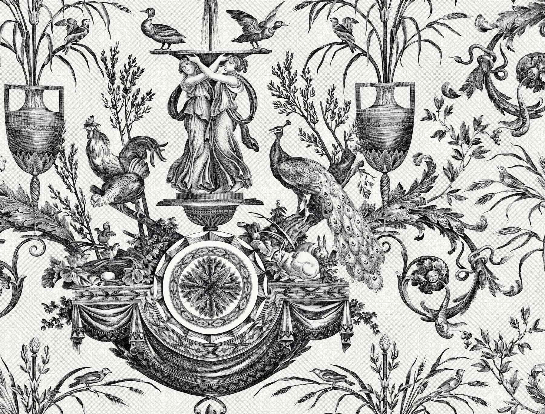 Avian Fountain Toile Black Wallpaper - York Wallcoverings - RT7813 - York Wallcoverings Wallpaper