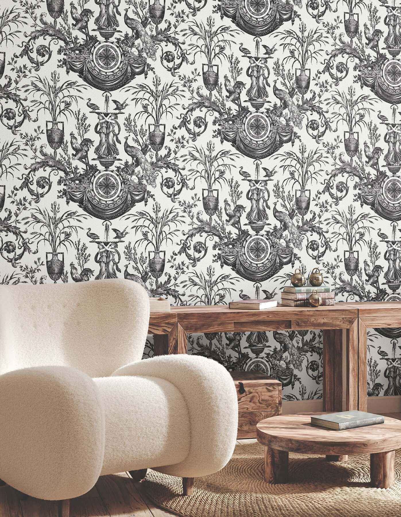 Avian Fountain Toile Black Wallpaper - York Wallcoverings - RT7813 - York Wallcoverings Wallpaper